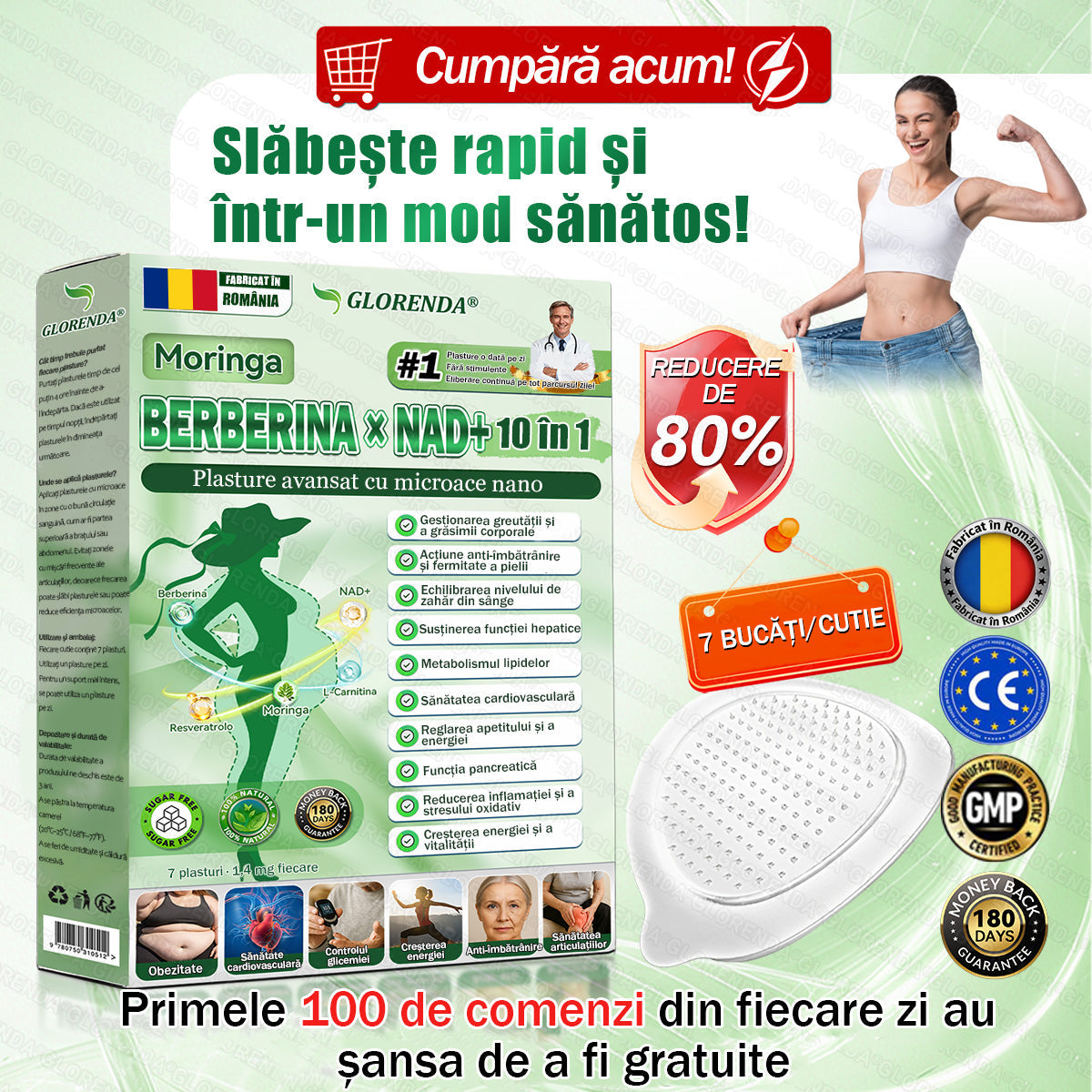 ✨Magazin Oficial | 🌿 GLORENDA® Moringa · Berberină × NAD+ Plasture Avansat Nano cu Microace 10 în 1 (Doar o dată pe zi, schimbări vizibile în 7 zile) ✅ Pentru obezitate, piele lăsată, diabet, apnee în somn, probleme articulare și multe altele